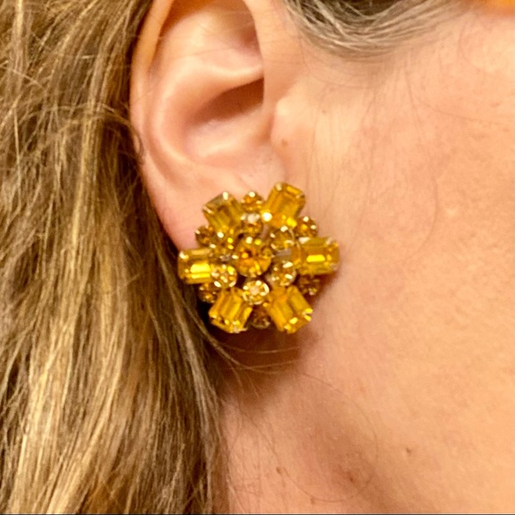 🌹WEISS Citrine or Topaz Colored Rhinestone Starburst Earrings & Brooch Set - Picture 4 of 12